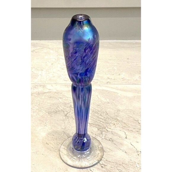 Brian Maytum Blown Glass Torchiere Oil Lamp Purple Iridescent Signed Dated 1985 - Picture 6 of 8